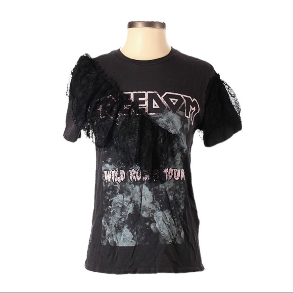 🌺 Topshop FREEDOM Wild Roses Tour Lace Ruffle Rock Band Tee Size 2 Petite - Picture 1 of 10